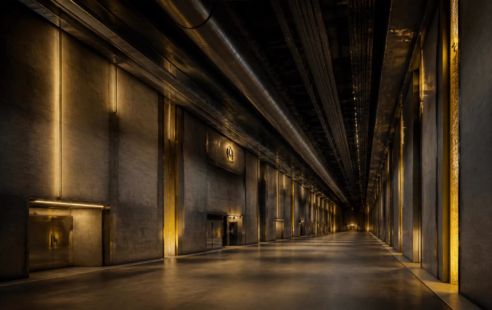 Weite unterirdische Halle des Atomschutzbunkers Statum Arcis aus monolithischem Stahlbeton mit Gold-Lichtstreifen und einem Korridor, der in warme Dunkelheit führt
