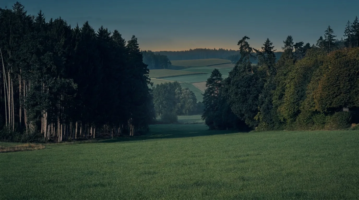 Geschütztes grünes Tal zwischen dichtem Wald und sanft verfremdeten Feldern im Umfeld der Tiefenresidenz Statum Arcis