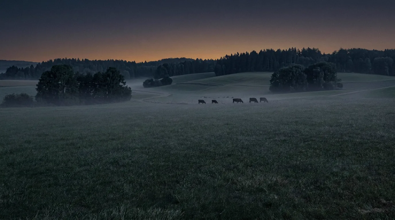 Weite Wiesenlandschaft in der Dämmerung mit dunklem Waldsaum und einer grasenden Rinderherde