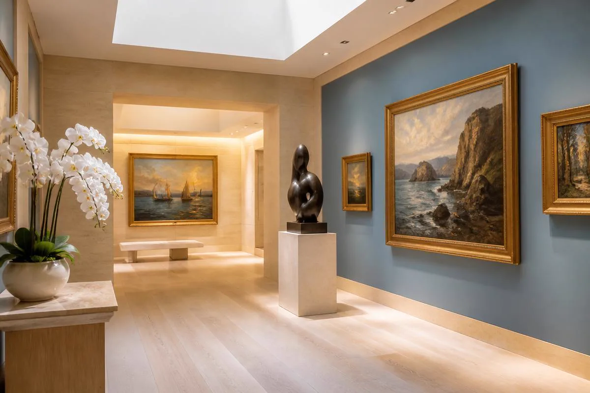 Private Kunstgalerie der Tiefenresidenz mit Bronze-Skulptur, Messingakzenten und museumsgerechter Spot-Beleuchtung