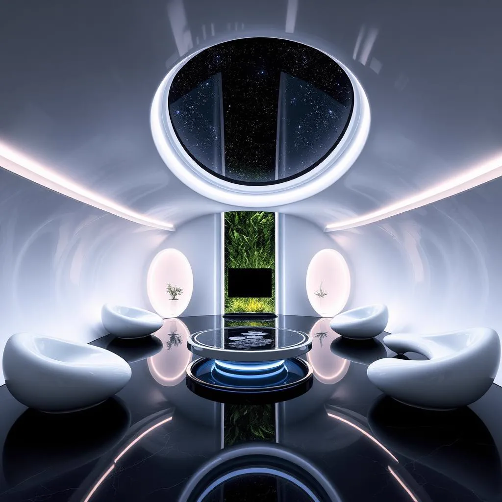 Futuristische Tiefenresidenz mit geschwungenen monolithischen Flächen, eingebetteten LED-Lichtstreifen und holografischen Smart-Home-Oberflächen
