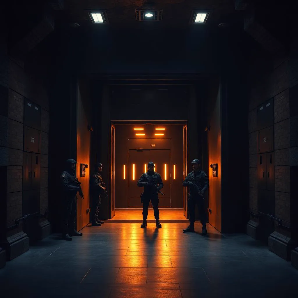 Bewachter Sicherheitskorridor des Atomschutzbunkers mit massiven Schleusentüren und taktischer Beleuchtung, Blick durch ein Messing-Porthole