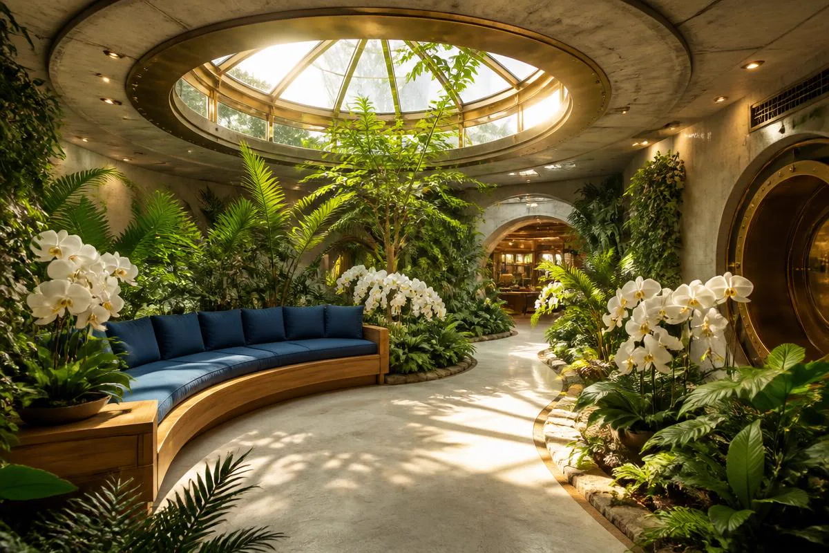 Wintergarten der Tiefenresidenz unter Vollspektrum-Kunstlicht mit tropischem Grün, Teak und Travertin-Pfad